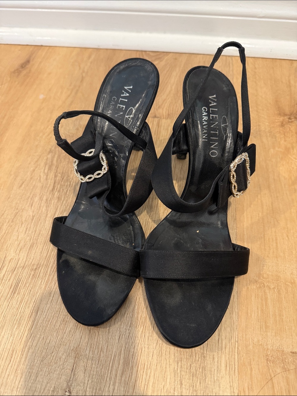 Valentino Garavani Black Satin Sling Sandals with Chain Buckle